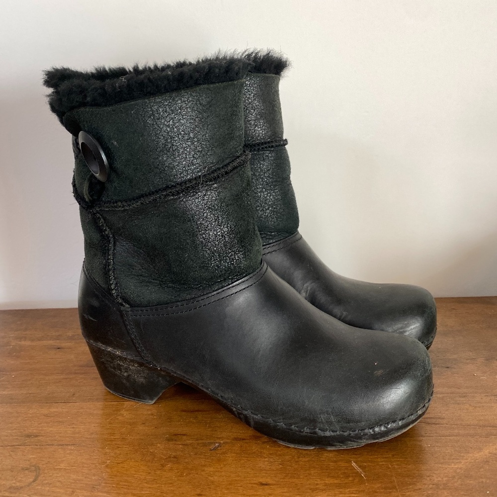 Dansko Black Shearling Trim Heeled Boots